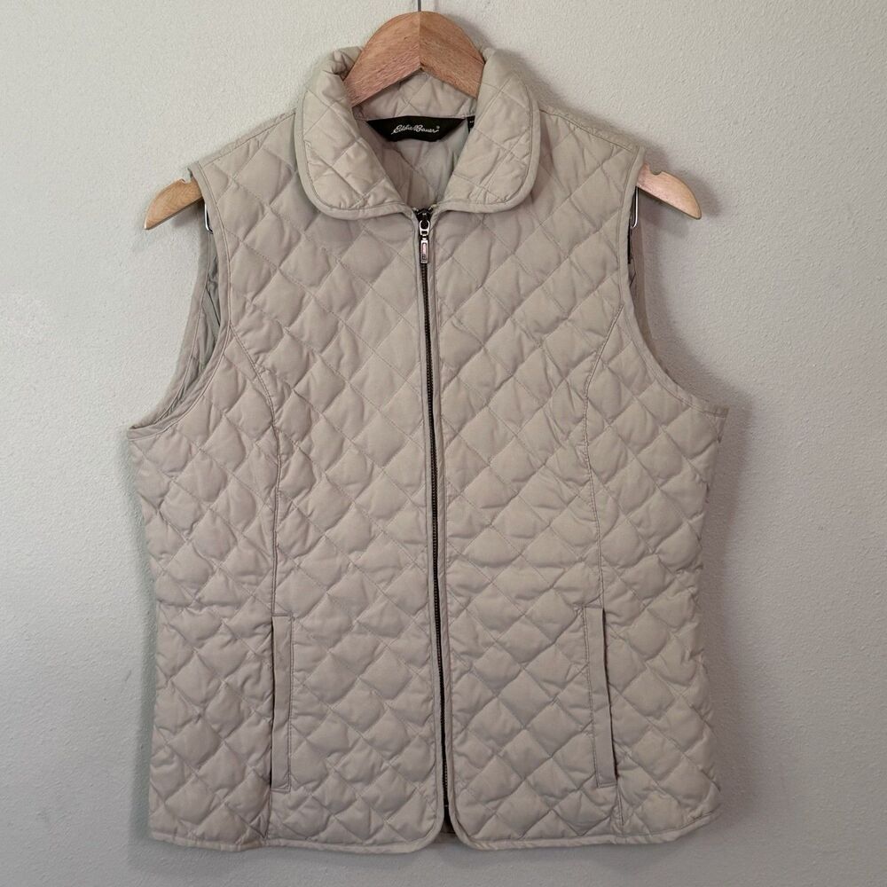Eddie Bauer Premium Goose Down Diamond Quilted Vest Womens M Beige Tan Full Zip